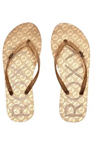 Gold-colored flip-flops with textured sole, featuring a heart pattern and glittery brown straps. Lightweight design suitable for casual wear.