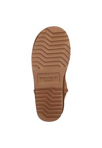 Tan rubber sandal zool met een zigzagpatroon en merknaam. Gestructureerd oppervlak voor grip, verdunde randen en gebogen teensectie.
