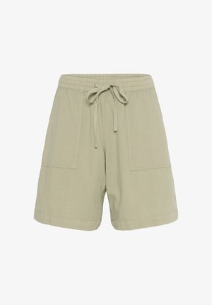 Shorts à mélange de lin vert clair avec une taille élastique et un cordon de serrage ajustable, dotés de deux poches avant et d'une coupe décontractée.