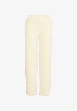 Cream-colored corduroy pants with a straight-leg design, featuring front pockets and a smooth waistband. Vertical ribbed texture throughout.