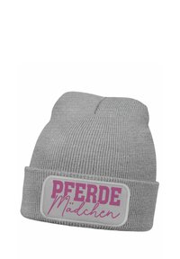 Gray knit beanie with a cuff, featuring a rectangular patch displaying the words "PFERDE" in bold pink and "Mädchen" in script.