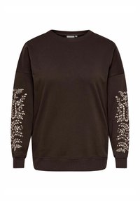 Donkerbruine lange mouwen trui met ronde hals en lichtbeige bloemrankenmotieven op beide mouwen.