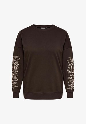 Ciemnobrązowa bluza z długim rękawem i okrągłym dekoltem, z jasnobeżowymi wzorami kwiatowych winorośli na obu rękawach.