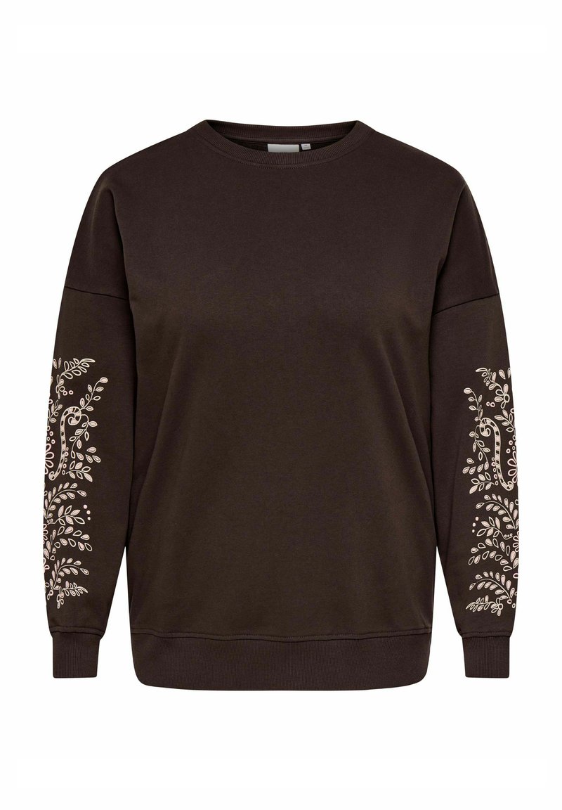 Donkerbruine lange mouwen trui met ronde hals en lichtbeige bloemrankenmotieven op beide mouwen.