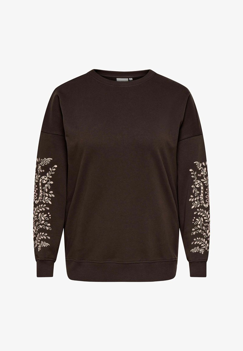 Donkerbruine lange mouwen trui met ronde hals en lichtbeige bloemrankenmotieven op beide mouwen.