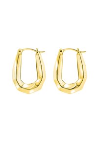 Orecchini a cerchio tono oro con un design geometrico e sfaccettato. Presentano una chiusura a cerniera e una finitura lucida per un aspetto elegante.