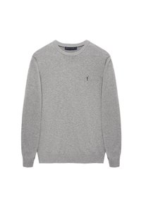 Pull à col rond gris clair en tissu doux, avec manches longues et petit logo brodé sur la poitrine gauche.