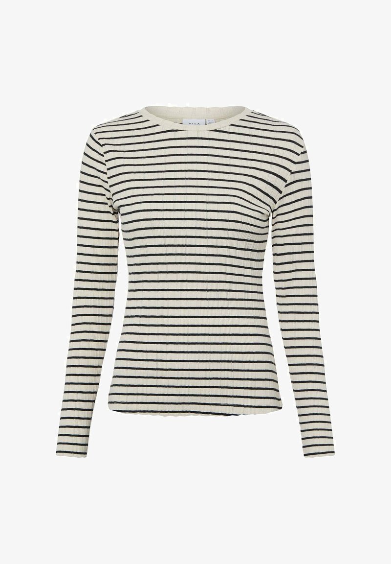 Chemise à manches longues blanche côtelée avec des rayures horizontales noires et un col rond, présentée sur un fond blanc.