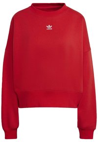Rode sweatshirt met een hoge halslijn, drop shoulders en een cropped pasvorm. Heeft een klein wit Adidas-logo op de borst. Zachte katoenmateriaal.