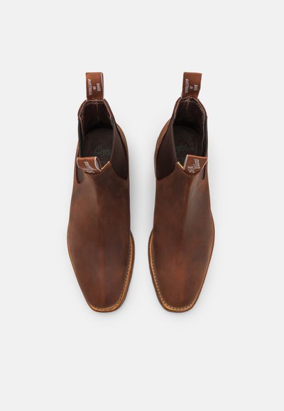 Botas de tobillo de cuero marrón con un acabado liso, lados elásticos y tiradores. Diseño de punta afilada y costuras visibles como acentos.