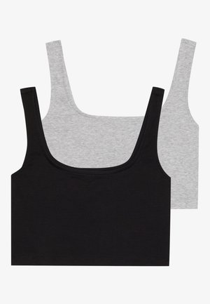 Two cotton blend tank tops: one black and one grey, both with ribbed texture and wide straps, featuring a scoop neckline and comfortable fit.