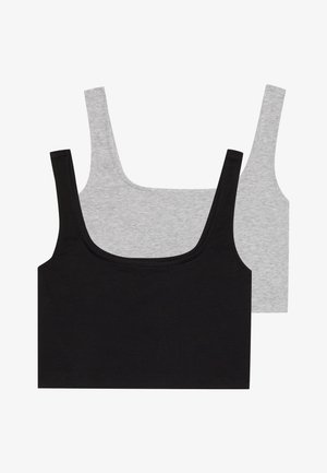 Deux débardeurs en mélange de coton : un noir et un gris, tous deux avec une texture côtelée et des bretelles larges, dotés d'un décolleté rond et d'une coupe confortable.
