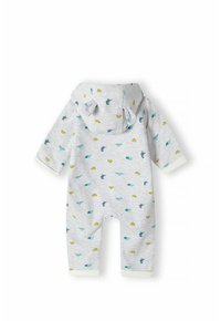 Gray cotton onesie with a hood, featuring a playful pattern of yellow suns and blue dinosaurs. Cuffs in a lighter shade complete the design.