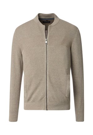 Beige Zip-Jacke mit geripptem Textur, ausgestattet mit tonal gehaltenen horizontalen Paneelen, seitlichen Taschen und einem Stehkragen.