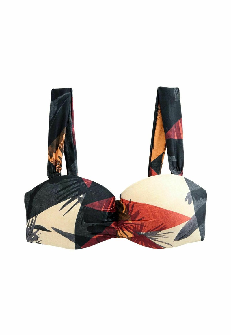 Bikini-top med en struktureret design, der præsenterer multikolore geometriske mønstre i nuancer af sort, orange og creme. Lange bindebånd.