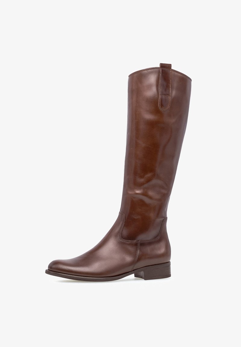Brown leather knee-high boot with a smooth texture, rounded toe, and a small stacked heel. Includes a pull-tab for easy wearing.