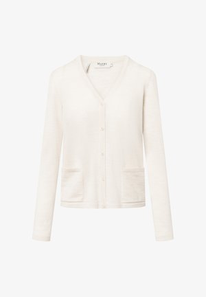 Cardigan beige claro con escote en V, mangas largas y dos bolsillos frontales. Fabricado con un material suave y cuenta con un cierre de botones en la parte delantera.