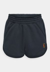 Dark gray athletic shorts made of soft fabric, featuring an elastic waistband, side pockets, and a small multicolored logo on the hem.