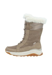 Botte d'hiver beige avec un haut en fausse fourrure, à lacets à l'avant, en matières suédine et maille, semelle intermédiaire blanche épaisse et semelle extérieure en caoutchouc.