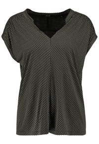 Black short-sleeve top with a V-neckline, featuring a small white pattern throughout. Made from lightweight, textured fabric.