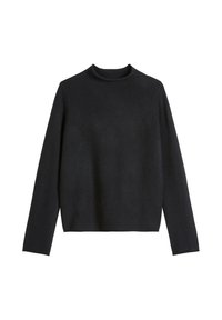 Schwarzer Strickpullover mit hohem Kragen, langen Ärmeln und einem kurz geschnittenen Design. Weiche Textur und minimale Nähte.