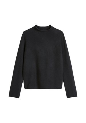 Czarny dziany sweter z wysokim kołnierzem, długimi rękawami i krótkim krojem. Miękka faktura i minimalne detale szycia.