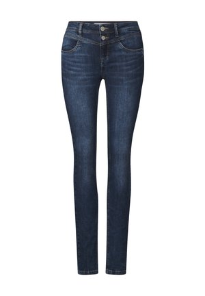 Skinny jeans in dark blue denim, featuring a mid-rise waistband, two front pockets, two back pockets, and subtle fading near the knees.