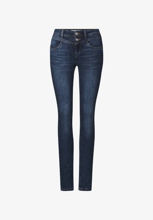 Skinny jeans van donkerblauwe denim, met een middelhoge tailleband, twee voorkantsszakken, twee achterzakken en subtiele vervaging bij de knieën.