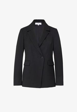 Schwarzer Damenblazer mit einem Knopf, mit Reverskragen, zwei vorderen Patten Taschen, tailliertem Schnitt und langen Ärmeln.