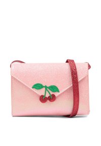 Brokatowa różowa torebka na ramię z klapką kopertową. Posiada wzór wiśni z zielonymi liśćmi oraz czerwony, brokatowy pasek.