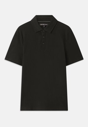 Black polo shirt made of textured fabric. Features a three-button placket and a standard collar. Short sleeves and straight hem.