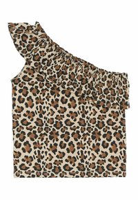 Majica s uzorkom leoparda s jednim ramenom, sa volanima. Izrađena je od mekanog materijala u boji svijetlo smeđe, crne i tamno smeđe.