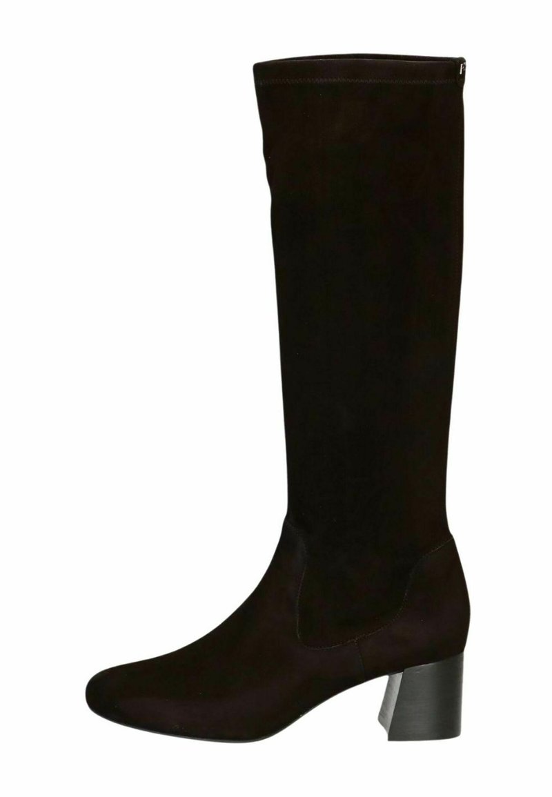 Bottes en suède noires jusqu'au genou avec un bout arrondi et un talon épais. Dotées d'une surface lisse et d'une fermeture éclair sur le côté pour un enfilage facile.