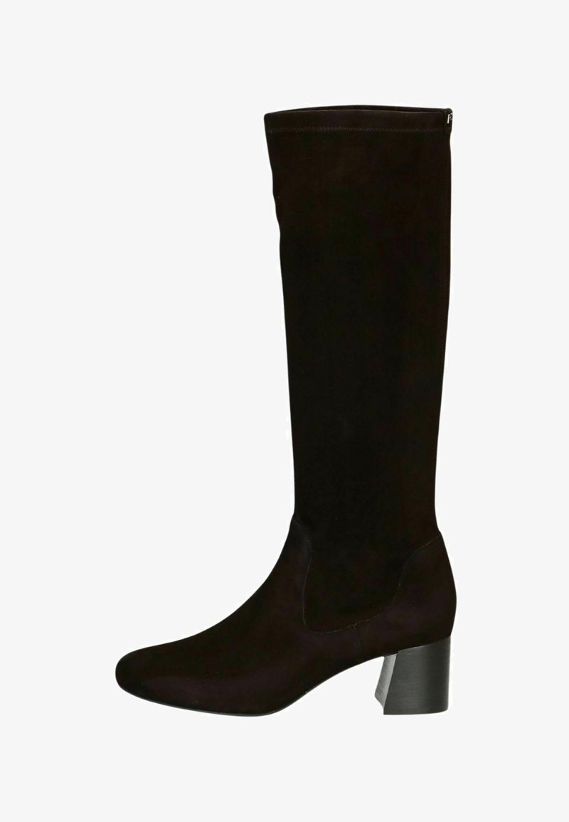 Bottes en suède noires jusqu'au genou avec un bout arrondi et un talon épais. Dotées d'une surface lisse et d'une fermeture éclair sur le côté pour un enfilage facile.