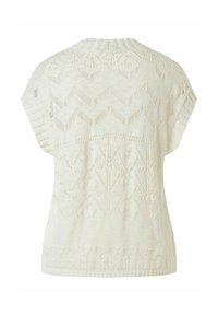 Pull en tricot crème à manches courtes, présentant un motif texturé de chevrons et de diamants. Le tissu semble doux et léger.