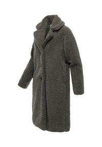 Lange, donkergrijze jas van pluche stof met een gestructureerd oppervlak. Beschikt over een sjawlboord, een knopen voorkant en twee zijzakken.