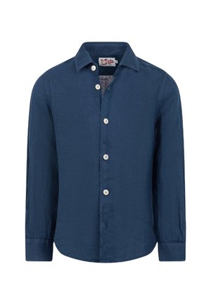 Camicia a maniche lunghe blu navy realizzata in tessuto leggero, con colletto e chiusura frontale a bottoni bianchi.