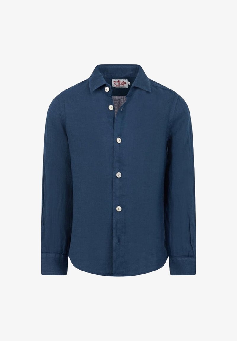 Camicia a maniche lunghe blu navy realizzata in tessuto leggero, con colletto e chiusura frontale a bottoni bianchi.