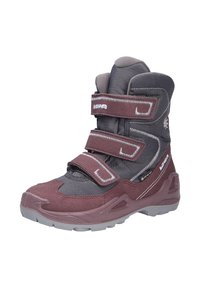 Stivale da trekking impermeabile in grigio scuro e bordeaux. Presenta due cinturini in velcro, un colletto imbottito e una suola in gomma strutturata per una maggiore aderenza.