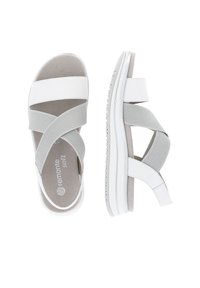 White and grey sandals featuring adjustable cross straps, soft material, a cushioned insole, and a textured rubber sole for grip.