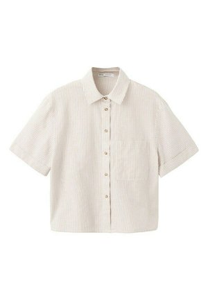 Camicia a maniche corte beige e bianca a righe verticali, con bottoni, colletto e taschino sul petto frontale.