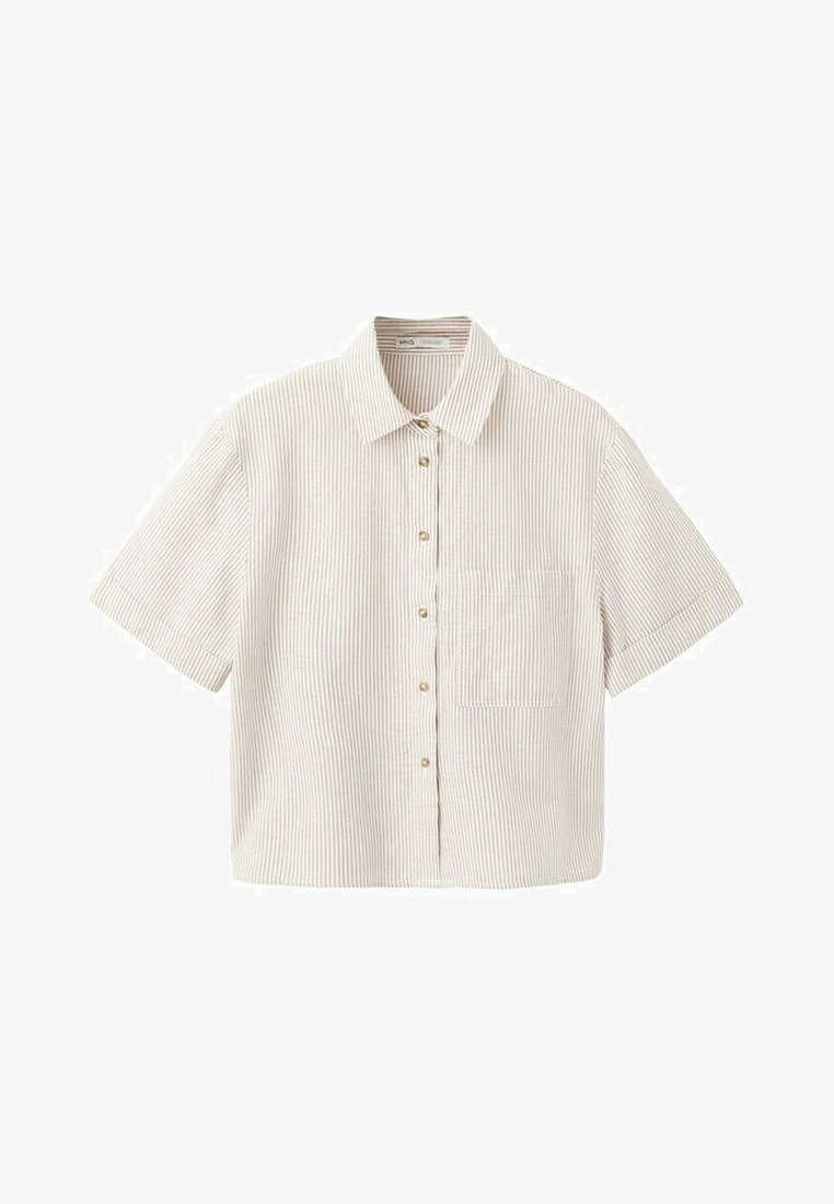 Chemise à manches courtes à rayures verticales beige et blanches, avec col et poche poitrine avant.