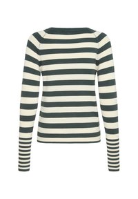 Top de manga larga a rayas en verde oscuro y crema. Cuenta con un cuello redondo y puños acanalados. Tejido suave con una silueta ajustada.