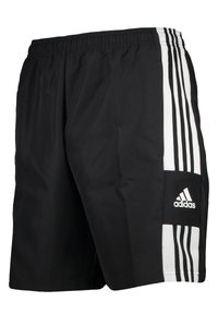 Shorts de sport noirs en tissu léger. Présentent trois bandes verticales blanches d'un côté et un logo Adidas dans le coin inférieur.