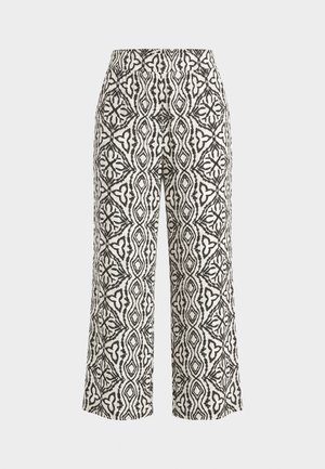 Pantaloni a vita alta a gamba larga con motivo geometrico e floreale intricato in bianco e nero, lunghezza crop e vestibilità sartoriale.