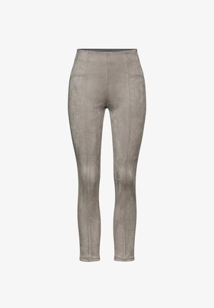 Šedé legíny s vysokým pasem vyrobené z jemného materiálu podobného semiši, se bezešvým bočním švem a přiléhavým střihem, zúžujícími se u kotníků.