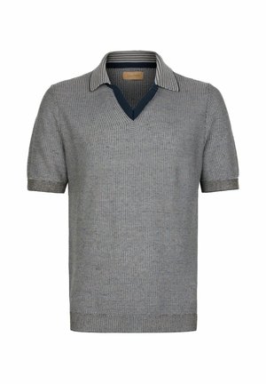 Kortærmet grå strikket polo med striped krave og V-udskæring placket detalje.