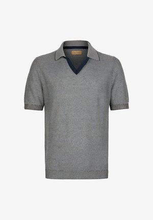 Kortærmet grå strikket polo med striped krave og V-udskæring placket detalje.