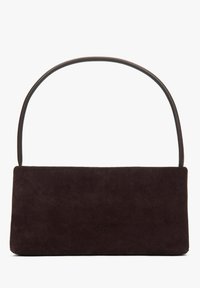 Obdélníková tmavohnědá semišová kabelka s jediným horním uchopem a minimalistickým designem na bílém pozadí.