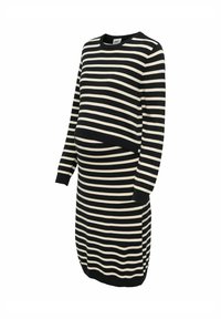 Robe de maternité à rayures noires et crème, manches longues, col rond, fentes latérales, tissu doux, coupe décontractée adaptée à diverses occasions.